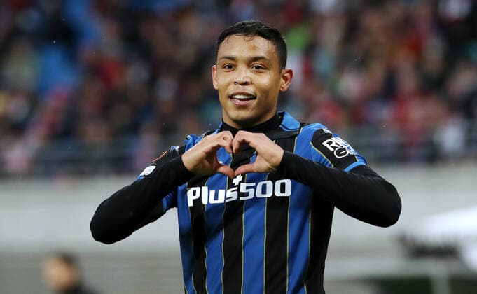 Luis Muriel 0 1 cheering joy emotion jubilation after 0 1 sports football soccer UEFA Euroleague Europa League UEL quarterfinals men season 2021 2022 07 04 2022 Rasen Ballsport RB Leipzig RBL vs Atalanta Bergamo DFL regulations prohibit any use of photographs as image sequences and or quasi video