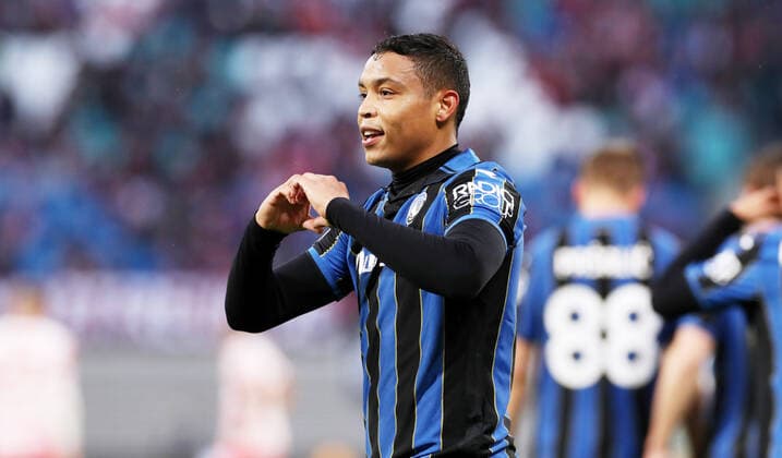 RB Leipzig Bergamo 07 04 2022 Leipzig, 07 04 2022, Red Bull Arena, Football, UEFA Europa League, Quarterfinals , RB Leipzig vs Atalanta Bergamo , In picture goal for Atalanta Bergamo Luis Muriel 9, Bergamo scores 0 1 and cheers with teammates , UEFA regulations prohibit any use of photographs as image sequences and or quasi video
