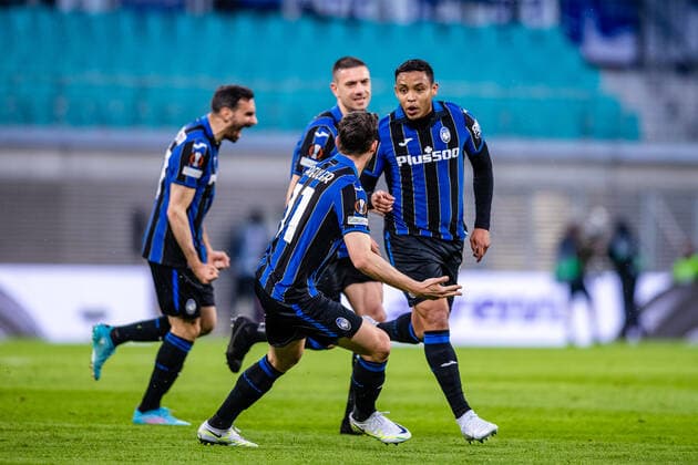 FB EL RB Leipzig Atalanta Bergamo cheering after goal to 0 1 by Luis Muriel Atalanta B C during the quarterfinal match 1 season 2021 2022 in the Europa League men between RB Leipzig and Atalanta Bergamo at Red Bull Arena on April 7, 2022 in Leipzig, Saxony, Germany