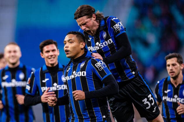 FB EL RB Leipzig Atalanta Bergamo cheering after goal to 0 1 by Luis Muriel Atalanta B C during the quarterfinal match 1 season 2021 2022 in the Europa League men between RB Leipzig and Atalanta Bergamo at Red Bull Arena on April 7, 2022 in Leipzig, Saxony, Germany