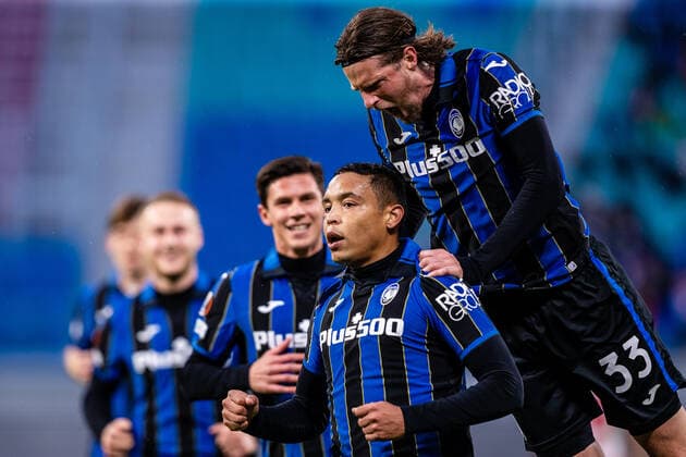 FB EL RB Leipzig Atalanta Bergamo cheering after goal to 0 1 by Luis Muriel Atalanta B C during the quarterfinal match 1 season 2021 2022 in the Europa League men between RB Leipzig and Atalanta Bergamo at Red Bull Arena on April 7, 2022 in Leipzig, Saxony, Germany