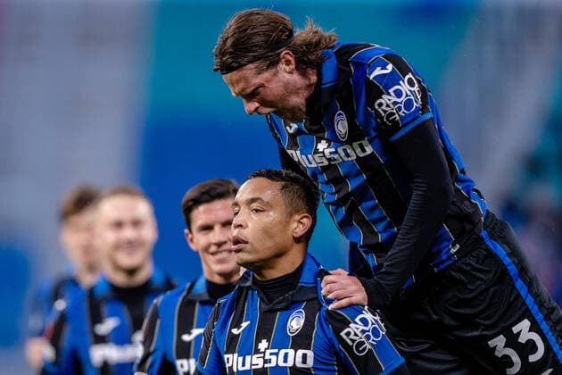FB EL RB Leipzig Atalanta Bergamo cheering after goal to 0 1 by Luis Muriel Atalanta B C during the quarterfinal match 1 season 2021 2022 in the Europa League men between RB Leipzig and Atalanta Bergamo at Red Bull Arena on April 7, 2022 in Leipzig, Saxony, Germany