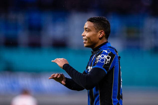 FB EL RB Leipzig Atalanta Bergamo cheering after goal to 0 1 by Luis Muriel Atalanta B C during the quarterfinal match 1 season 2021 2022 in the Europa League men between RB Leipzig and Atalanta Bergamo at Red Bull Arena on April 7, 2022 in Leipzig, Saxony, Germany