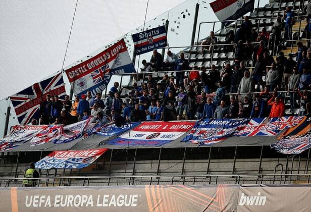 Mandatory Credit: Photo by Michael Zemanek Shutterstock (12885087f) Fans of Rangers with flags Braga v Rangers, UEFA Europa League, Quarter Final, First Leg, Football, Estadio Municipal de Braga, Braga, Portugal - 07 Apr 2022 EDITORIAL USE ONLY No use with unauthorised audio, video, data, fixture lists, club league logos or live services. Online in-match use limited to 120 images, no video emulation. No use in betting, games or single club league player publications. Braga v Rangers, UEFA Europa League, Quarter Final, First Leg, Football, Estadio Municipal de Braga, Braga, Portugal - 07 Apr 2022 EDITORIAL USE ONLY No use with unauthorised audio, video, data, fixture lists, club league logos or live services. Online in-match use limited to 120 images, no video emulation. No use in betting, games or single club league player publications.  Copyright: xMichaelxZemanek Shutterstockx 12885087f