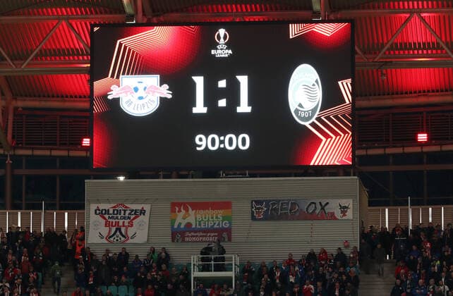 Scoreboard with final result 1 1 Draw Sports Football Soccer UEFA Euroleague Europa League UEL Quarterfinals Men Season 2021 2022 07 04 2022 Rasen Ballsport RB Leipzig RBL vs Atalanta Bergamo DFL regulations prohibit any use of photographs as image sequences and or quasi video