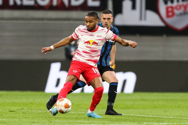Christopher Nkunku RB Leipzig,18 Europa League season 2021 2022 quarterfinals RB Leipzig vs Atalanta Bergamo at Red Bull Arena in Leipzig action,football,Germany,man,men,07 04 2022