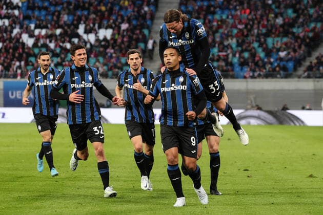 Goal celebration scorer Luis Muriel Atalanta Bergamo,9 scores to 0 1 Europa League season 2021 2022 quarterfinal RB Leipzig vs Atalanta Bergamo at Red Bull Arena in Leipzig action,football,Germany,man,men,07 04 2022