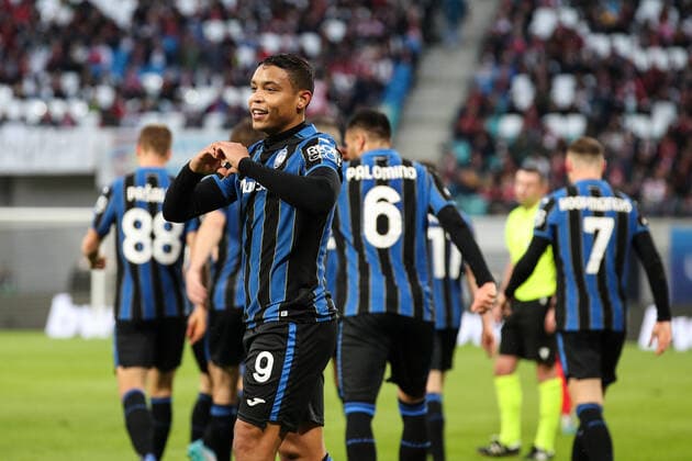 Goal celebration scorer Luis Muriel Atalanta Bergamo,9 scores to 0 1 Europa League season 2021 2022 quarterfinal RB Leipzig vs Atalanta Bergamo at Red Bull Arena in Leipzig action,football,Germany,man,men,07 04 2022