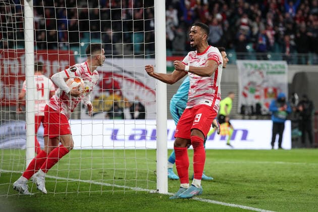 Goal celebration of Benjamin Henrichs RB Leipzig,39 and Andre Silva RB Leipzig,33 after Willi Orban RB Leipzig,4 to score 1 1 Europa League season 2021 2022 quarterfinal RB Leipzig vs Atalanta Bergamo at Red Bull Arena in Leipzig action,football,Germany,man,men,07 04 2022