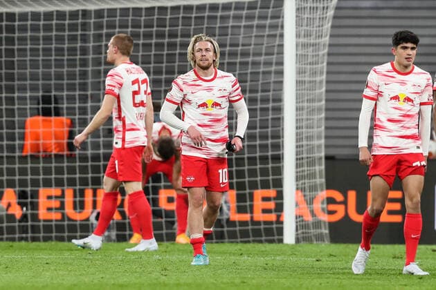 Emil Forsberg RB Leipzig,10 with Hugo Novoa RB Leipzig,38 and Marcel Halstenberg RB Leipzig,23 Europa League season 2021 2022 quarterfinals RB Leipzig vs Atalanta Bergamo at Red Bull Arena in Leipzig action,football,Germany,man,men,07 04 2022