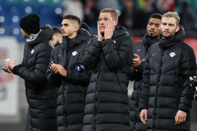 Marcel Halstenberg RB Leipzig,23 with v l Andre Silva RB Leipzig,33 ,Benjamin Henrichs RB Leipzig,39 ,Konrad Laimer RB Leipzig,27 Europa League season 2021 2022 quarterfinal RB Leipzig vs Atalanta Bergamo at Red Bull Arena in Leipzig action,football,Germany,man,men,07 04 2022
