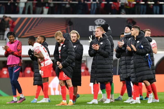 Team of RB Leipzig after the final whistle, RB Leipzig vs Atalanta Bergamo, Football, Europa League, 07 04 2022 DFB DFL REGULATIONS PROHIBIT ANY USE OF PHOTOGRAPHS AS IMAGE SEQUENCES AND OR QUASI VIDEO RB Leipzig vs Atalanta Bergamo, Football, Europa League, 07 04 2022 Leipzig Copyright: xBertxHarzer xEibner-Pressefotox
