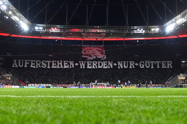 Soccer Europa League quarterfinals Eintracht Frankfurt FC Barcelona on 07 04 2022 at Deutsche Bank Park in Frankfurt Choreo Choreography Franfurt Resurrection will only gods xHDx