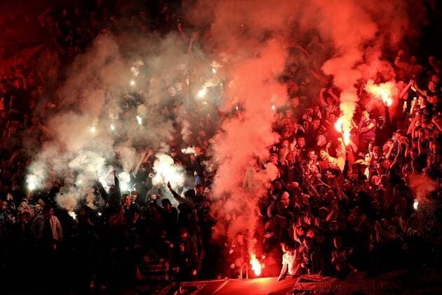 Mandatory Credit: Photo by Michael Zemanek Shutterstock (12885087m) Raners fans let off flares Braga v Rangers, UEFA Europa League, Quarter Final, First Leg, Football, Estadio Municipal de Braga, Braga, Portugal - 07 Apr 2022 EDITORIAL USE ONLY No use with unauthorised audio, video, data, fixture lists, club league logos or live services. Online in-match use limited to 120 images, no video emulation. No use in betting, games or single club league player publications. Braga v Rangers, UEFA Europa League, Quarter Final, First Leg, Football, Estadio Municipal de Braga, Braga, Portugal - 07 Apr 2022 EDITORIAL USE ONLY No use with unauthorised audio, video, data, fixture lists, club league logos or live services. Online in-match use limited to 120 images, no video emulation. No use in betting, games or single club league player publications.  Copyright: xMichaelxZemanek Shutterstockx 12885087m