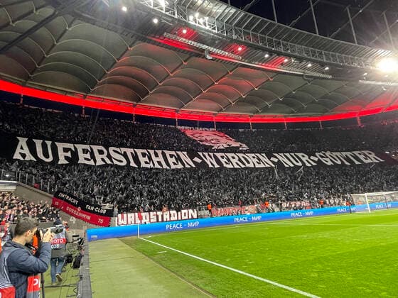 Eintracht Frankfurt fans celebrate with choreo Stand up only gods Frankfurt 07 04 2022 Eintracht Frankfurt vs FC Barcelona, UEFA Europa League, quarterfinals, first leg