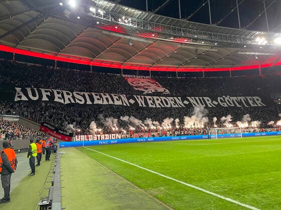 Eintracht Frankfurt fans celebrate with choreo Stand up only gods Frankfurt 07 04 2022 Eintracht Frankfurt vs FC Barcelona, UEFA Europa League, quarterfinals, first leg