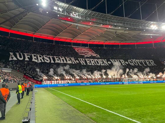 Eintracht Frankfurt fans celebrate with choreo Stand up only gods Frankfurt 07 04 2022 Eintracht Frankfurt vs FC Barcelona, UEFA Europa League, quarterfinals, first leg