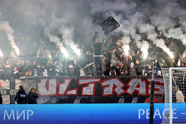 Frankfurt, Germany 07 April 2022 Europa League 2021 2022 Eintracht Frankfurt vs FC Barcelona Choreo of Eintracht fan curve with Ultras flag Deutsche Bank Park Hessen Copyright: xFotostandx xRacochax
