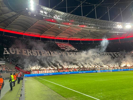 Eintracht Frankfurt fans celebrate with choreo Stand up only gods Frankfurt 07 04 2022 Eintracht Frankfurt vs FC Barcelona, UEFA Europa League, quarterfinals, first leg
