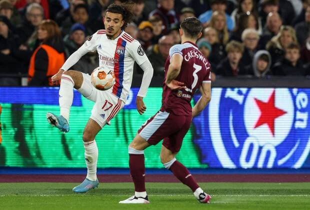 Mandatory Credit: Photo by Andrew Fosker Shutterstock (12885085ac) Malo Gusto of Lyon and Aaron Cresswell of West Ham United West Ham United v Olympique Lyonnais, UEFA Europa League, Quarter Final, First Leg, Football, The London Stadium, London, UK - 07 Apr 2022 EDITORIAL USE ONLY No use with unauthorised audio, video, data, fixture lists, club league logos or live services. Online in-match use limited to 120 images, no video emulation. No use in betting, games or single club league player publications. West Ham United v Olympique Lyonnais, UEFA Europa League, Quarter Final, First Leg, Football, The London Stadium, London, UK - 07 Apr 2022 EDITORIAL USE ONLY No use with unauthorised audio, video, data, fixture lists, club league logos or live services. Online in-match use limited to 120 images, no video emulation. No use in betting, games or single club league player publications. Copyright: xAndrewxFosker Shutterstockx 12885085ac