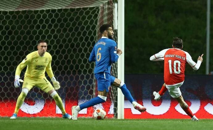 Mandatory Credit: Photo by Michael Zemanek Shutterstock (12885087p) Andre Horta of Braga goal is disallowed Braga v Rangers, UEFA Europa League, Quarter Final, First Leg, Football, Estadio Municipal de Braga, Braga, Portugal - 07 Apr 2022 EDITORIAL USE ONLY No use with unauthorised audio, video, data, fixture lists, club league logos or live services. Online in-match use limited to 120 images, no video emulation. No use in betting, games or single club league player publications. Braga v Rangers, UEFA Europa League, Quarter Final, First Leg, Football, Estadio Municipal de Braga, Braga, Portugal - 07 Apr 2022 EDITORIAL USE ONLY No use with unauthorised audio, video, data, fixture lists, club league logos or live services. Online in-match use limited to 120 images, no video emulation. No use in betting, games or single club league player publications.  Copyright: xMichaelxZemanek Shutterstockx 12885087p