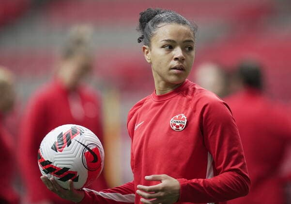 April 7, 2022, VANCOUVER, BC, CANADA: Canada s women s national soccer team midfielder Marie-Yasmine Alidou d Anjou looks on during team practice ahead of two friendly matches against Nigeria, in Vancouver, B.C., Thursday, April 7, 2022. Canada News - April 7, 2022 - ZUMAc35_ 20220407_zaf_c35_044 Copyright: xDarrylxDyckx