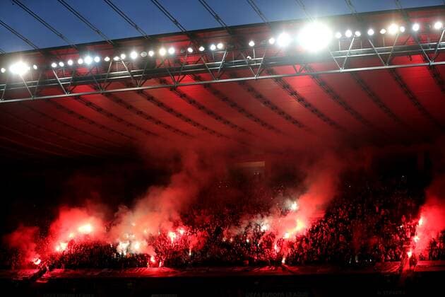 Mandatory Credit: Photo by Michael Zemanek Shutterstock (12885087z) Raners fans let off flares Braga v Rangers, UEFA Europa League, Quarter Final, First Leg, Football, Estadio Municipal de Braga, Braga, Portugal - 07 Apr 2022 EDITORIAL USE ONLY No use with unauthorised audio, video, data, fixture lists, club league logos or live services. Online in-match use limited to 120 images, no video emulation. No use in betting, games or single club league player publications. Braga v Rangers, UEFA Europa League, Quarter Final, First Leg, Football, Estadio Municipal de Braga, Braga, Portugal - 07 Apr 2022 EDITORIAL USE ONLY No use with unauthorised audio, video, data, fixture lists, club league logos or live services. Online in-match use limited to 120 images, no video emulation. No use in betting, games or single club league player publications.  Copyright: xMichaelxZemanek Shutterstockx 12885087z