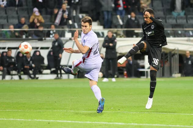 Eintracht Frankfurt FC Barcelona, UEFA Europa League Goal for Frankfurt to 1 0 by Ansgar Knauff Eintracht Frankfurt, 36 quarterfinal first leg of the UEFA Europa League between Eintracht Frankfurt and FC Barcelona on 7 April 2022 at Deutsche Bank Park in Frankfurt am Main , Frankfurt am Main Hessen Germany Deutsche Bank Park