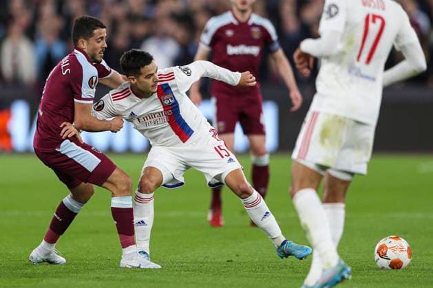 London, England, 7th April 2022. Pablo Fornals of West Ham United (left) and Romain Faivre of Lyon (right) battle for the ball during the UEFA Europa League match at the London Stadium, London. Picture credit should read: Kieran Cleeves Sportimage EDITORIAL USE ONLY. No use with unauthorised audio, video, data, fixture lists, club league logos or live services. Online in-match use limited to 120 images, no video emulation. No use in betting, games or single club league player publications. SPI-1634-0014