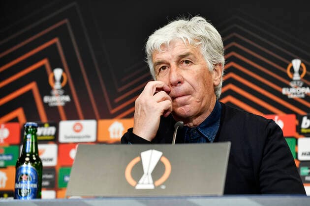 Soccer UEFA Europa League, quarterfinals, first leg season 2021 2022, RB Leipzig vs Atalanta Bergamo 07 04 2022 1 1 0 1 Gian Piero Gasperini coach Bergamo at the press conference after the match RB Leipzig vs Bergamo 07 04 2022 Leipzig Saxony Germany Red Bull Arena