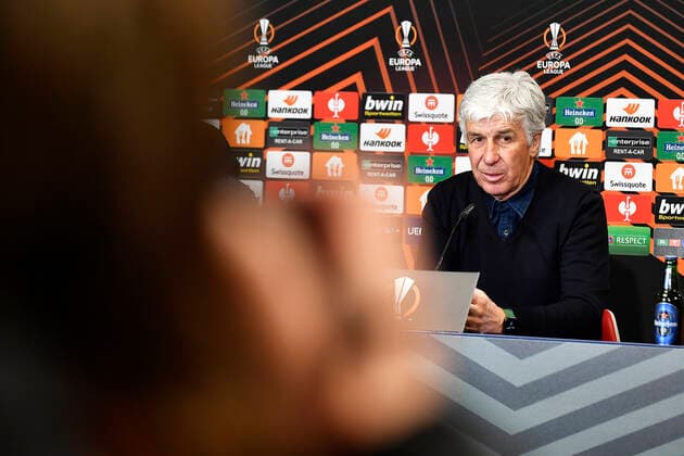 Soccer UEFA Europa League, quarterfinals, first leg season 2021 2022, RB Leipzig vs Atalanta Bergamo 07 04 2022 1 1 0 1 Gian Piero Gasperini coach Bergamo at the press conference after the match RB Leipzig vs Bergamo 07 04 2022 Leipzig Saxony Germany Red Bull Arena