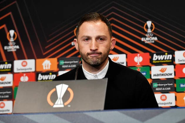 Soccer UEFA Europa League, quarterfinals, first leg season 2021 2022, RB Leipzig vs Atalanta Bergamo 07 04 2022 1 1 0 1 Domenico Tedesco coach RB Leipzig at the press conference after the match RB Leipzig vs Bergamo 07 04 2022 Leipzig Saxony Germany Red Bull Arena