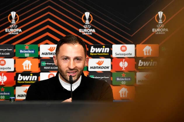 Soccer UEFA Europa League, quarterfinals, first leg season 2021 2022, RB Leipzig vs Atalanta Bergamo 07 04 2022 1 1 0 1 Domenico Tedesco coach RB Leipzig at the press conference after the match RB Leipzig vs Bergamo 07 04 2022 Leipzig Saxony Germany Red Bull Arena