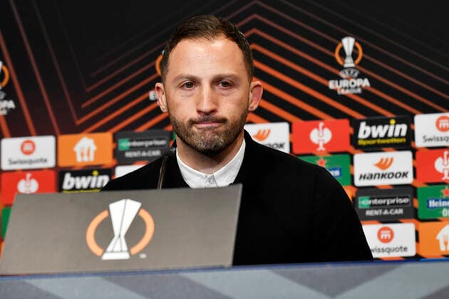 Soccer UEFA Europa League, quarterfinals, first leg season 2021 2022, RB Leipzig vs Atalanta Bergamo 07 04 2022 1 1 0 1 Domenico Tedesco coach RB Leipzig at the press conference after the match RB Leipzig vs Bergamo 07 04 2022 Leipzig Saxony Germany Red Bull Arena