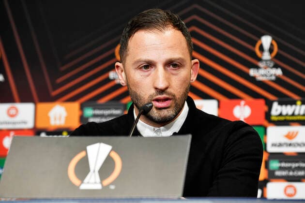 Soccer UEFA Europa League, quarterfinals, first leg season 2021 2022, RB Leipzig vs Atalanta Bergamo 07 04 2022 1 1 0 1 Domenico Tedesco coach RB Leipzig at the press conference after the match RB Leipzig vs Bergamo 07 04 2022 Leipzig Saxony Germany Red Bull Arena