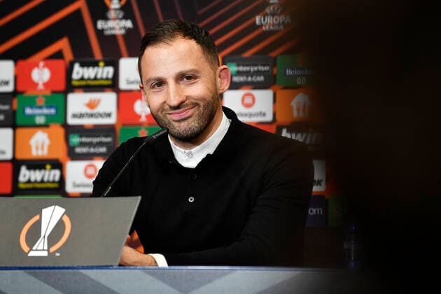 Soccer UEFA Europa League, quarterfinals, first leg season 2021 2022, RB Leipzig vs Atalanta Bergamo 07 04 2022 1 1 0 1 Domenico Tedesco coach RB Leipzig at the press conference after the match RB Leipzig vs Bergamo 07 04 2022 Leipzig Saxony Germany Red Bull Arena