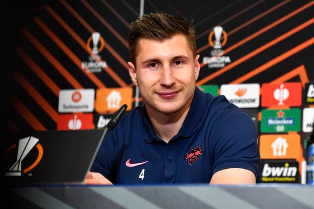 Soccer UEFA Europa League, quarterfinals, first leg season 2021 2022, RB Leipzig vs Atalanta Bergamo 07 04 2022 1 1 0 1 Willi Orban center back RB Leipzig, back number 4, 4 at the press conference after the match RB Leipzig vs Bergamo 07 04 2022 Leipzig Saxony Germany Red Bull Arena