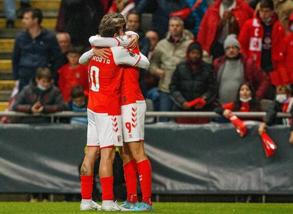 S.C. Braga v Rangers UEFA Europa League Abel Ruiz celebrates with AndrÃ Horta after scoring S.C. Braga first goal during the UEFA Europa League Quarter Final First Leg match at Estadio Municipal de Braga, Monte Castro Content Not Available For UK Newspapers Copyright: xDiogoxSilvax FIL-16737-0009 UK Newspapers OUT
