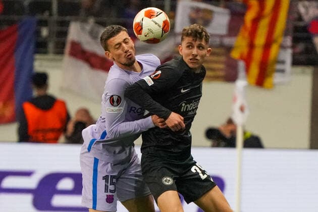 Jesper Lindström Eintracht Frankfurt vs Clement Lenglet FC Barcelona, Barca Frankfurt 07 04 2022 Eintracht Frankfurt vs FC Barcelona, UEFA Europa League, quarterfinals, first leg