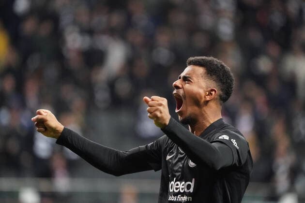 celebrate the goal, goal celebration for 1 0 by Ansgar Knauff Eintracht Frankfurt Frankfurt 07 04 2022 Eintracht Frankfurt vs FC Barcelona, UEFA Europa League, quarter final, first leg