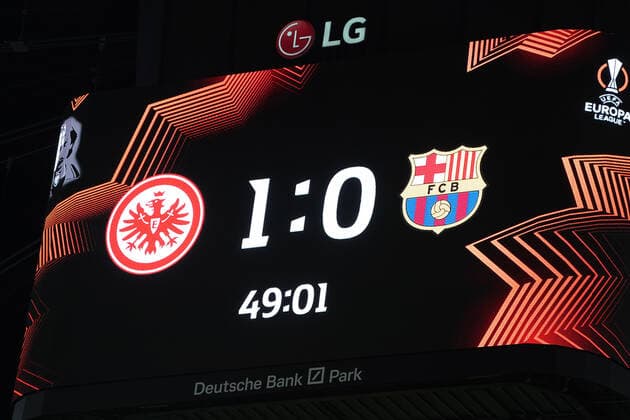 Scoreboard Frankfurt 07 04 2022 Eintracht Frankfurt vs FC Barcelona, UEFA Europa League, quarter-finals, first leg