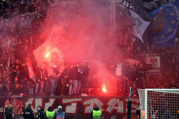 Frankfurt, Germany 07 April 2022 Europa League 2021 2022 Eintracht Frankfurt vs FC Barcelona Eintracht Ultras celebrate with Bengalos the goal to 1 0 Deutsche Bank Park Hessen Copyright: xFotostandx xRacochax