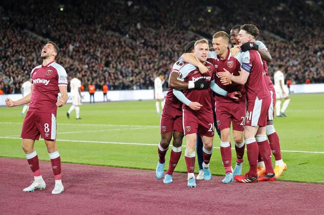 West Ham United v Olympique Lyonnais UEFA Europa League Jarrod Bowen of West Ham United celebrates scoring his sides 1st goal during the UEFA Europa League Quarter-Final First Leg match at the London Stadium, Stratford Content Not Available For UK Newspapers Copyright: xPaulxChestertonx FIL-16768-0029 UK Newspapers OUT