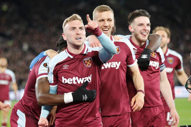 West Ham United v Olympique Lyonnais UEFA Europa League Jarrod Bowen of West Ham United celebrates scoring his sides 1st goal during the UEFA Europa League Quarter-Final First Leg match at the London Stadium, Stratford Content Not Available For UK Newspapers Copyright: xPaulxChestertonx FIL-16768-0036 UK Newspapers OUT
