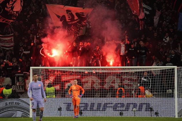 Germany, Frankfurt, 07 04 2022, Deutsche Bank Park, Eintracht Frankfurt v FC Barcelona UEFA Champions League quarterfinal, Bengal fire in Enttrachtblock Photo EU Images Frankfurt Deutsche Bank Park Hessen Germany  eu-images-506