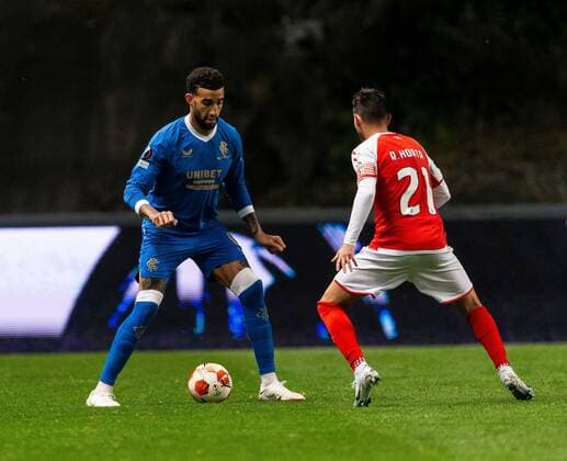 Mandatory Credit: Photo by Luke Nickerson Rangers FC Shutterstock (12885361aa) Connor Goldson of Rangers and Braga Midfielder Ricardo Horta during the Europa League quarter final match at the Municipal Stadium, Braga. Braga v Rangers, UEFA Europa League, Quarter Final, First Leg, Football, Estadio Municipal de Braga, Braga, Portugal - 07 Apr 2022 EDITORIAL USE ONLY No use with unauthorised audio, video, data, fixture lists, club league logos or live services. Online in-match use limited to 120 images, no video emulation. No use in betting, games or single club league player publications. Braga v Rangers, UEFA Europa League, Quarter Final, First Leg, Football, Estadio Municipal de Braga, Braga, Portugal - 07 Apr 2022 EDITORIAL USE ONLY No use with unauthorised audio, video, data, fixture lists, club league logos or live services. Online in-match use limited to 120 images, no video emulation. No use in betting, games or single club league player publications.  Copyright: xLukexNickerson RangersxFC Shutterstockx 12885361aa