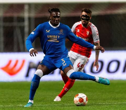 Mandatory Credit: Photo by Luke Nickerson Rangers FC Shutterstock (12885361z) Calvin Bassey of Rangers and Braga Midfielder Iuri Medeiros during the Europa League quarter final match at the Municipal Stadium, Braga. Braga v Rangers, UEFA Europa League, Quarter Final, First Leg, Football, Estadio Municipal de Braga, Braga, Portugal - 07 Apr 2022 EDITORIAL USE ONLY No use with unauthorised audio, video, data, fixture lists, club league logos or live services. Online in-match use limited to 120 images, no video emulation. No use in betting, games or single club league player publications. Braga v Rangers, UEFA Europa League, Quarter Final, First Leg, Football, Estadio Municipal de Braga, Braga, Portugal - 07 Apr 2022 EDITORIAL USE ONLY No use with unauthorised audio, video, data, fixture lists, club league logos or live services. Online in-match use limited to 120 images, no video emulation. No use in betting, games or single club league player publications.  Copyright: xLukexNickerson RangersxFC Shutterstockx 12885361z