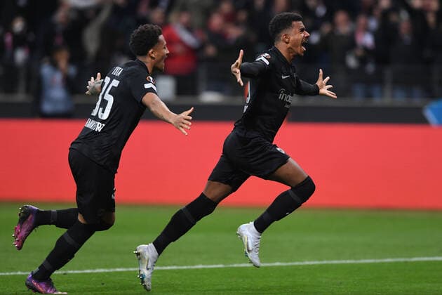 Soccer Europa League quarterfinals Eintracht Frankfurt FC Barcelona on 07 04 2022 at Deutsche Bank Park in Frankfurt goal celebration to 1 0 by Ansgar Knauff Frankfurt xHDx
