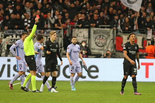 Red card for Tuta Eintracht Frankfurt , Nr 35 , Eintracht Frankfurt FC Barcelona, soccer, UEFA Euro League, season 2021 2022, quarterfinal first leg, home match, 07 04 2021, quarterfinal, soccer European Cup competition for club teams, European Cup competition, European Cup 2022