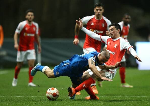 Mandatory Credit: Photo by Michael Zemanek Shutterstock (12885087ag) Kemar Roofe of Rangers is fouled by Andre Castro of Benfica Braga v Rangers, UEFA Europa League, Quarter Final, First Leg, Football, Estadio Municipal de Braga, Braga, Portugal - 07 Apr 2022 EDITORIAL USE ONLY No use with unauthorised audio, video, data, fixture lists, club league logos or live services. Online in-match use limited to 120 images, no video emulation. No use in betting, games or single club league player publications. Braga v Rangers, UEFA Europa League, Quarter Final, First Leg, Football, Estadio Municipal de Braga, Braga, Portugal - 07 Apr 2022 EDITORIAL USE ONLY No use with unauthorised audio, video, data, fixture lists, club league logos or live services. Online in-match use limited to 120 images, no video emulation. No use in betting, games or single club league player publications.  Copyright: xMichaelxZemanek Shutterstockx 12885087ag